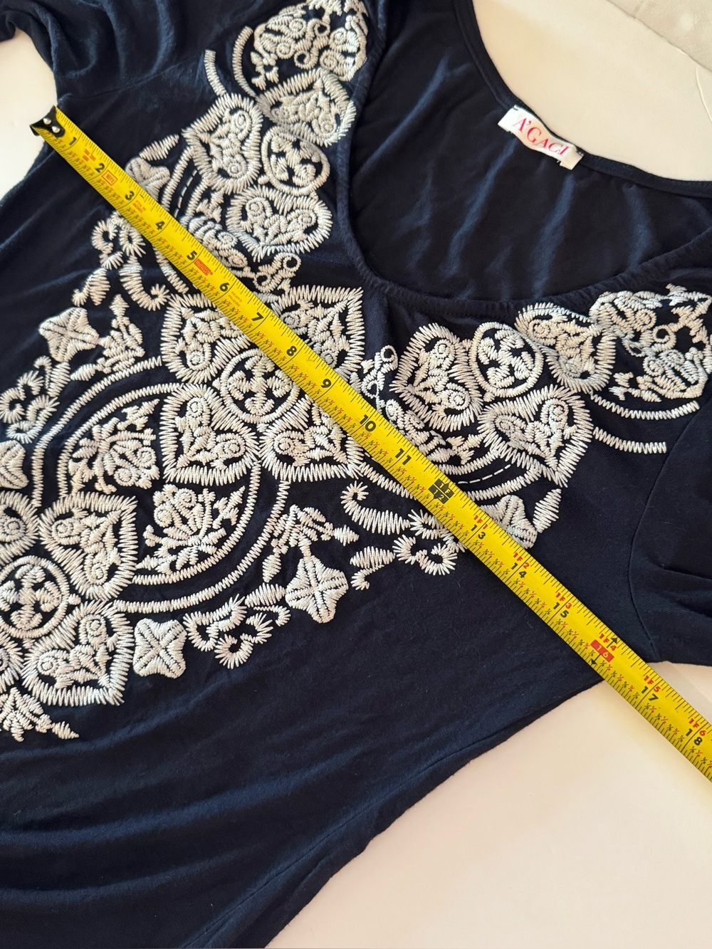 a'gaci Navy Blue 3/4 Flare Sleeves Dress w/ White Embroidery, Lightweight Classy - Picture 12 of 15